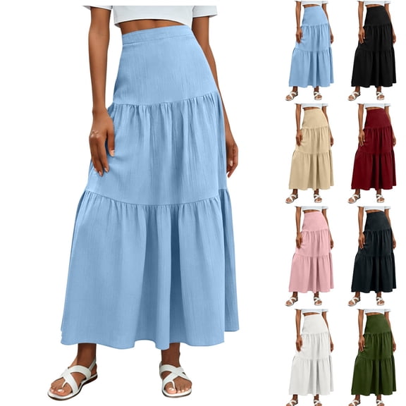 FRSASU Summer Boho Skirt for Women, Trendy Flowy Ruffle Tiered High Waist A-Line Skirts, Casual Maxi Skirts Cruise Wear White