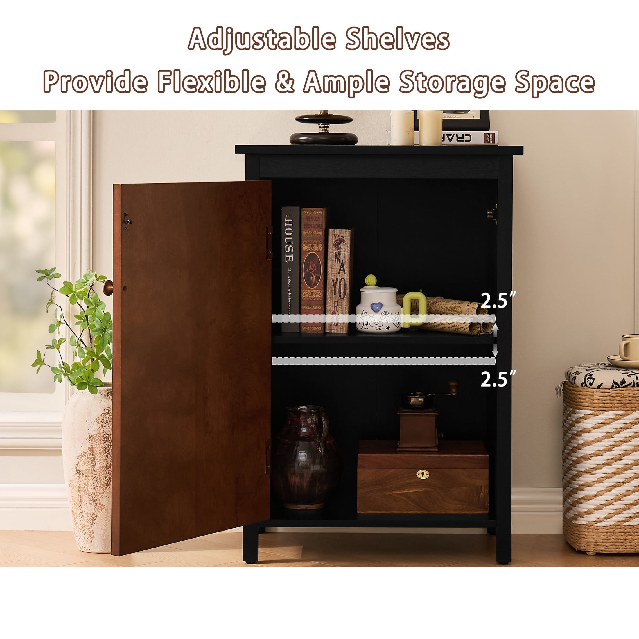 GDF Studio 34.2" Tall Mid-Century Modern Floor Cabinet with Door & Adjustable Shelf, Black+Walnut