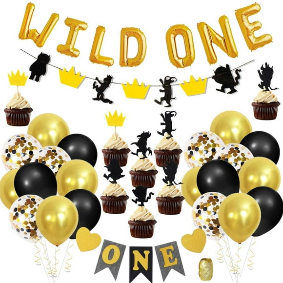 Wild One Birthday Party Decorations for Boys with Letter Foil Balloons, High Chair Banner and Cupcake Toppers for Boys
