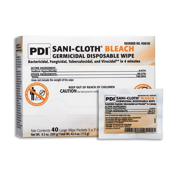 Sani-Cloth Bleach Germicidal Disposable Wipes, 5" x 7", Large Individual Packets, Box of 40 - H58195