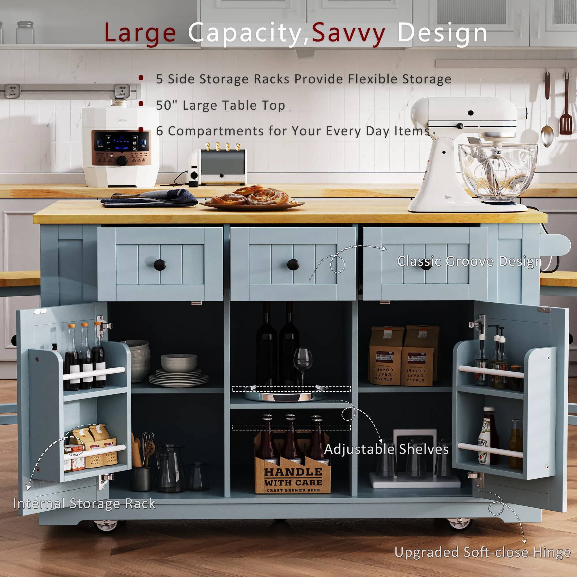 Euroco Kitchen Island with Drop Leaf,Rolling Kitchen Island Cart on Wheels with Power Outlet,Door Internal Storage Rack and Side Racks for Dining Room
