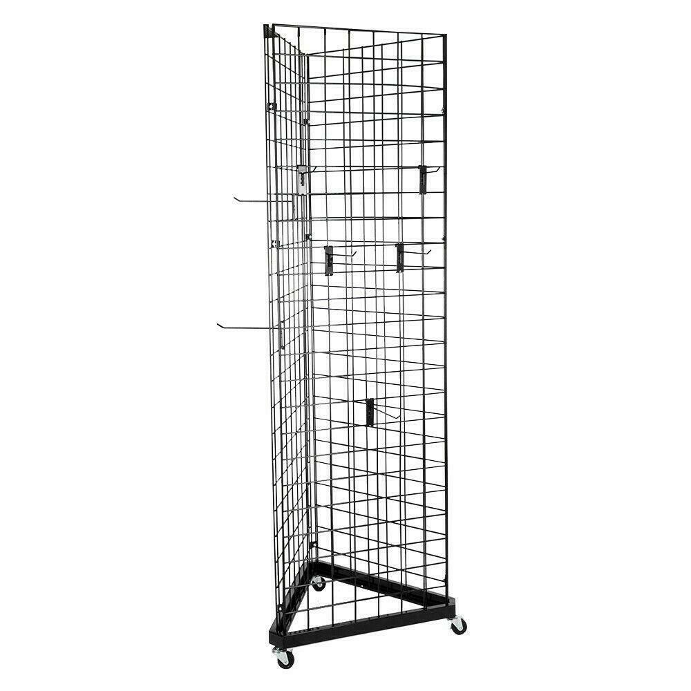 3 Side Wire Grid Triangle Tower Display Rack Casters Rolling Black