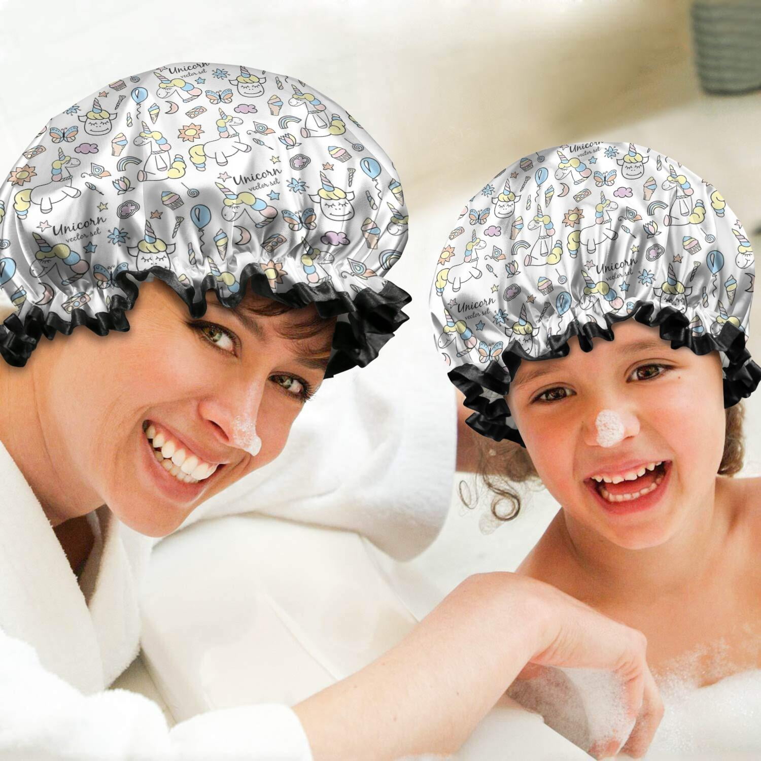 Shower Caps,White Unicorn Dessert Pattern Waterproof Shower Cap for Women 4 Pieces,Double Reusable Hair Cover for Shower PEVA Elastic Stretch Hem