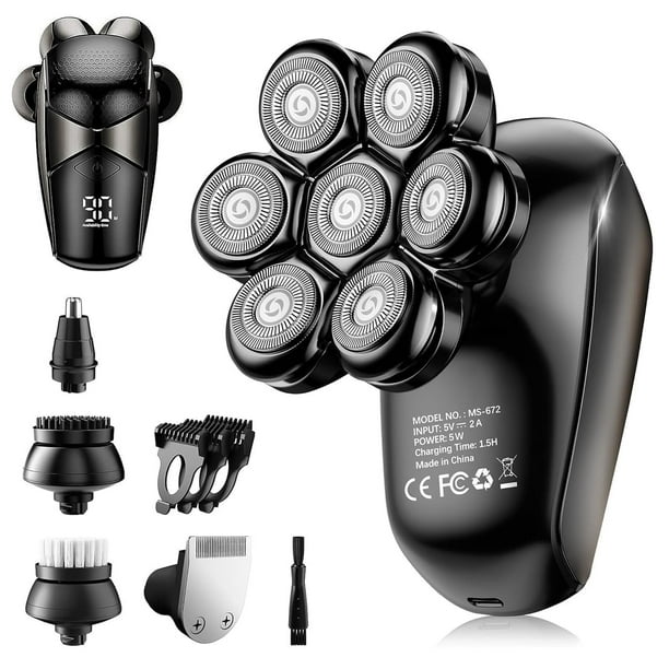 Afeitadora para cabeza calva para hombres - Máquina de afeitar eléctrica 5 en 1 mejorada - Kit de cuidado IPX7 a prueba de agua - Velocidad turbo y cuchillas de precisión - Negro claro