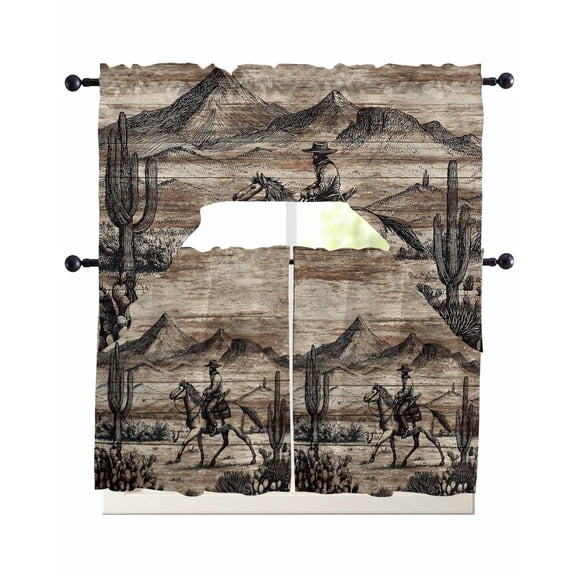 Brown Western Farmhouse Swag Kitchen Curtains Sets for Windows 24 Inch Length, Vintage Cowboys Cactus Short Window Curtain Panels Swags Valances and Tiers 3 Piece Set for Cafe/Dining Room