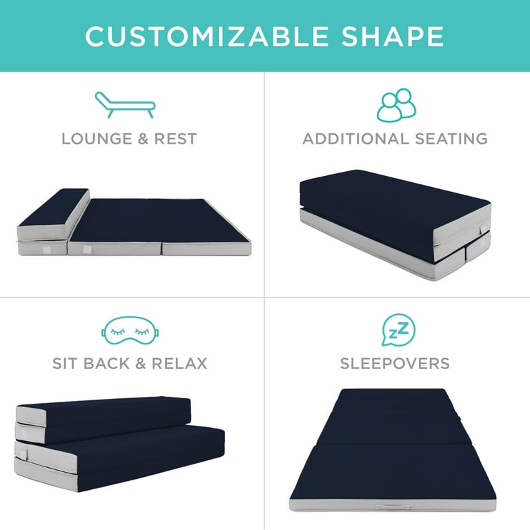 Best Choice Products 4in Thick Folding Portable Queen Mattress Topper w Carry Case Washable Cover Midnight Blue
