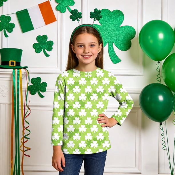 Blusas y camisas de manga larga con cuello redondo, informales, con estampado del Día de San Patricio, de manga tres cuartos y cuello redondo, para niños de talla mediana y grande.