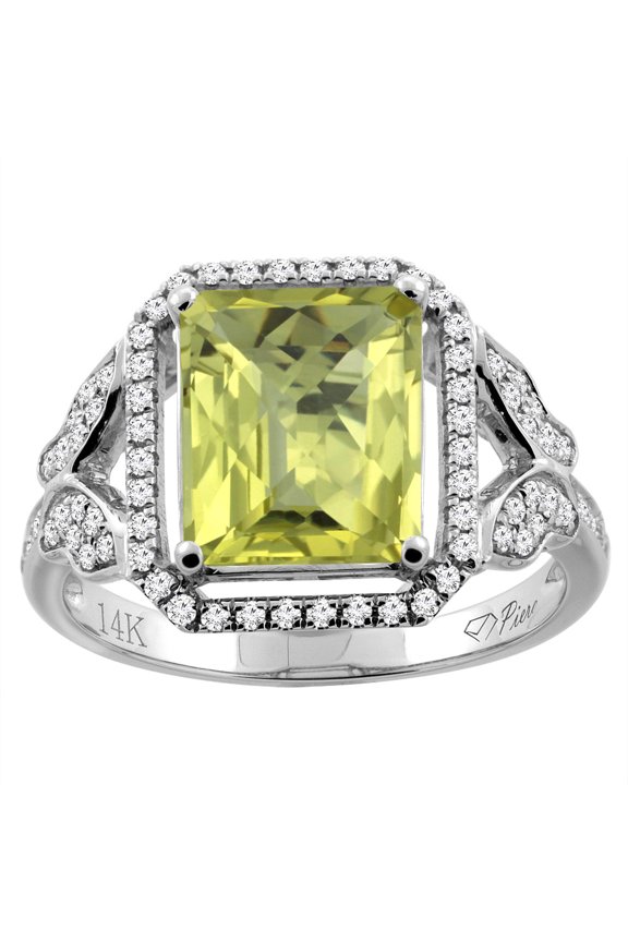 14K White Gold Natural Lemon Quartz Ring Octagon Shape 10x8 mm Diamond Accents, size 7.5