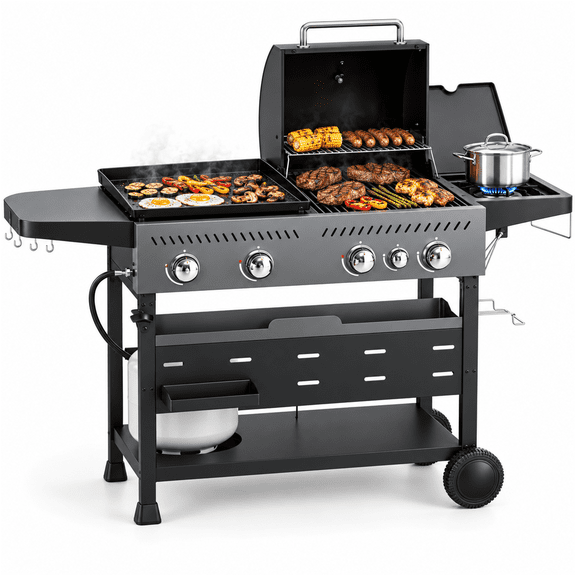 PARGRILL 48,000 BTU 4-Burner Gas Grill and Griddle Combo, 628 Sq. In., Porcelain-Enameled Grates, Side Burner, for Backyard and Patio BBQ, Black