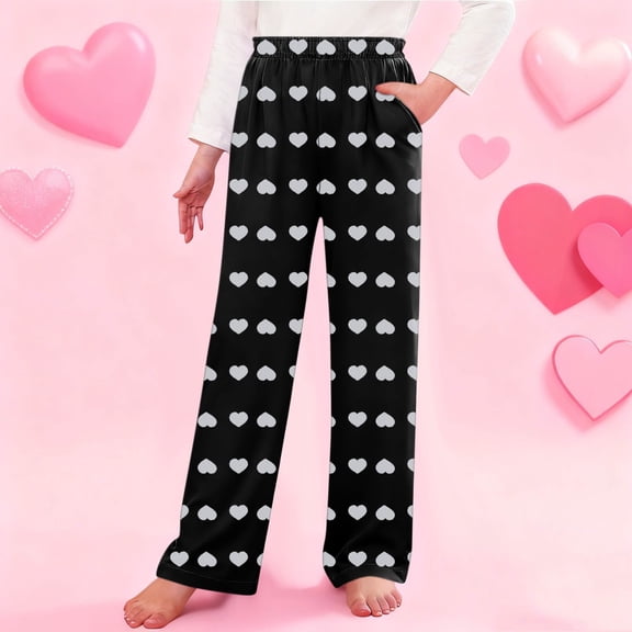 hengsof Children's Casual Loungewear with Heart Print Long Johns Elastic Waistband Pockets Wide Leg Pants
