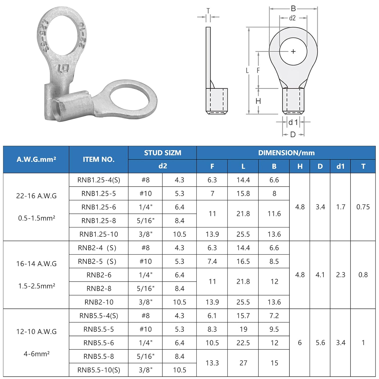 100#8 non-insulated ring terminal, 22-16 copper wire connector, type crimp connector kit