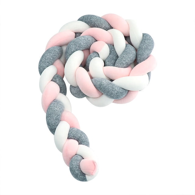 Baby Bed Bumper - 3 Braided Snake Cushion, Velvet Protection for Newborn Crib, Nursery Decor, Powder Grey - 1M