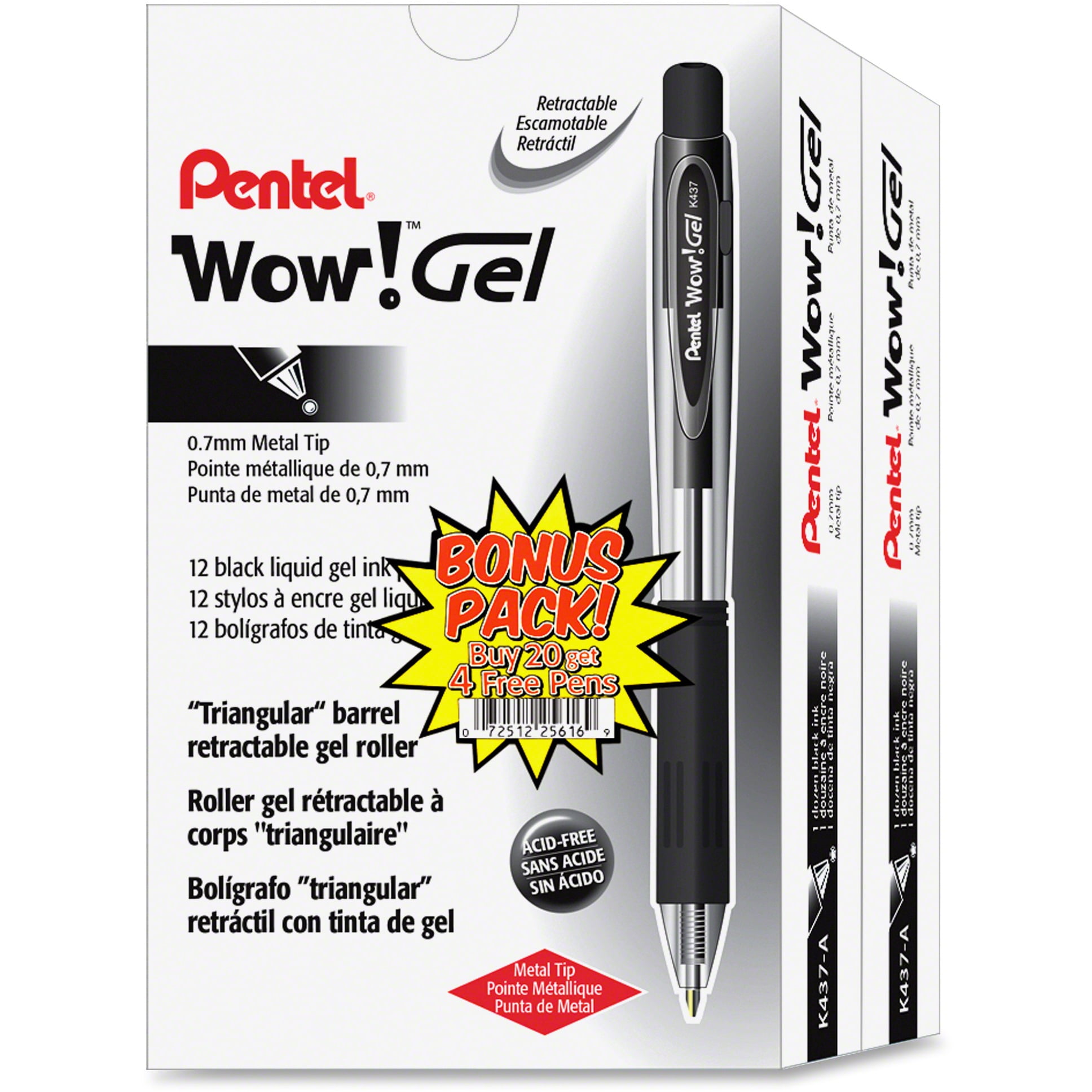 Pentel WOW! Retractable Gel Pen, Black Ink, 0.7 mm Medium Point, 20 per Pack