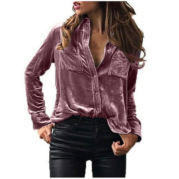 Fesfesfes Women's Winter Blouse Velvet Long Sleeve Button Pocket Casual Shirt Top
