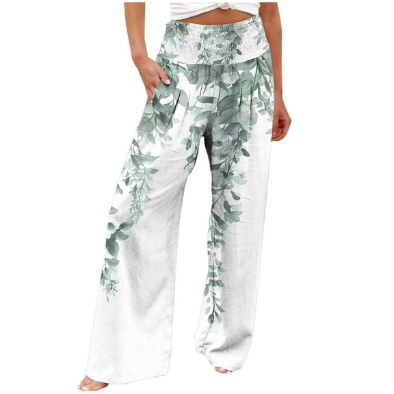 USNSM Linen Pants for Women Summer Boho Leaf Pants High Waist Stretch Casual Loose Floral Trousers with Pockets Light Blue M