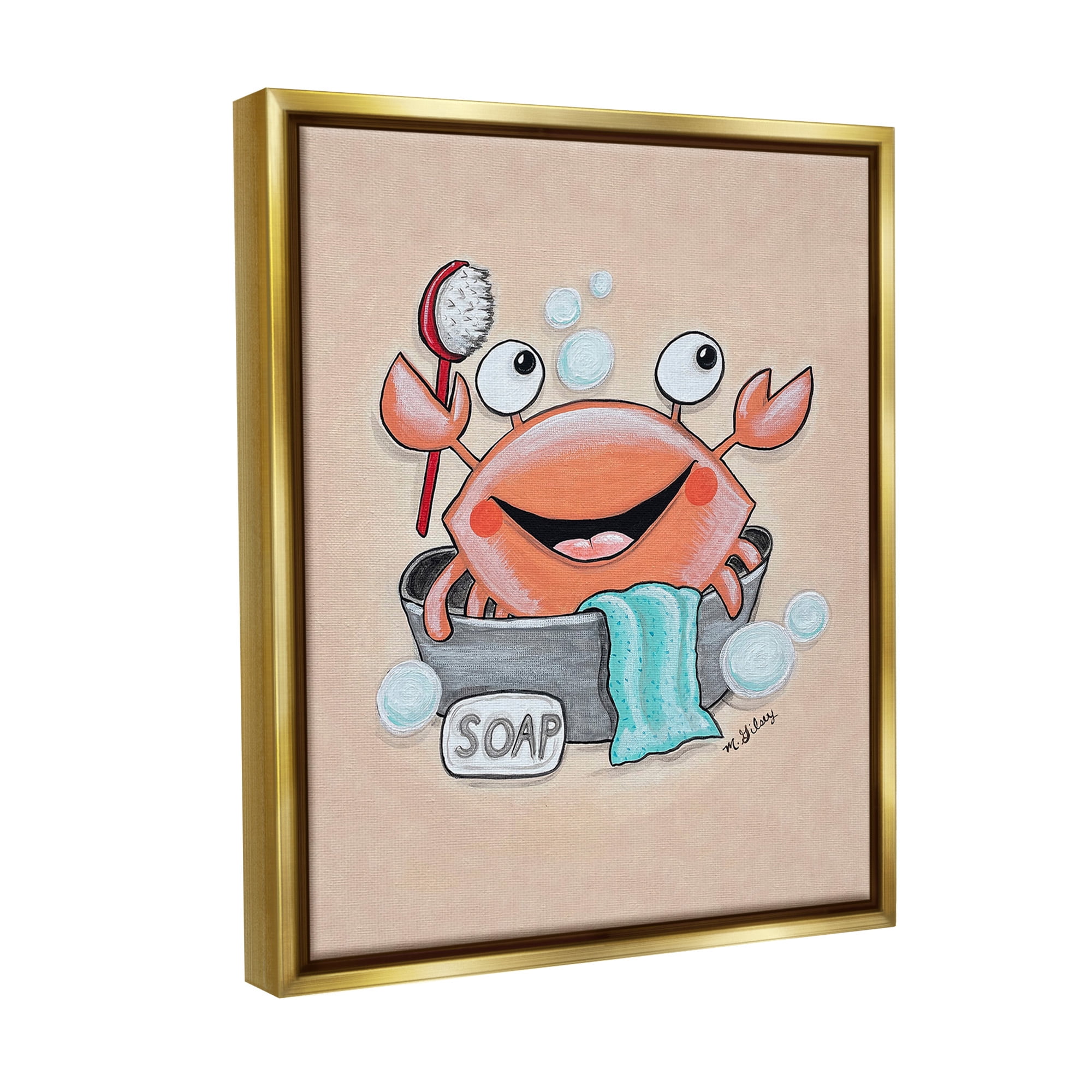 Stupell Industries Happy Crab Bathing Animals & Insects Painting Gold Floater Framed Canvas Art Print Wall Art, 25 x 31