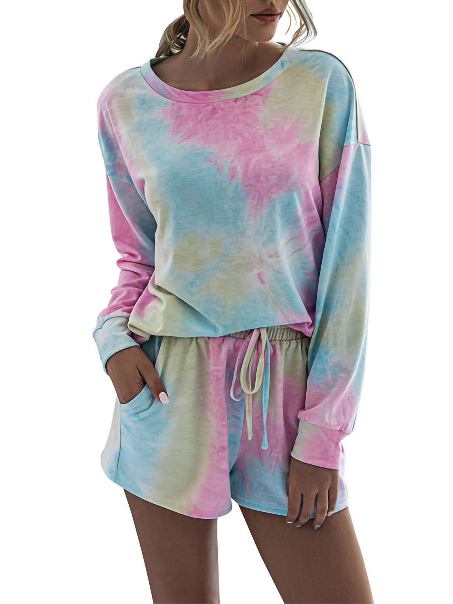 kayamiya Pajamas for Women Tie Dye Printed Long Sleeve Tops and Shorts PJ Sets 2 Piece Pajamas Set Sleepwear Nightwear