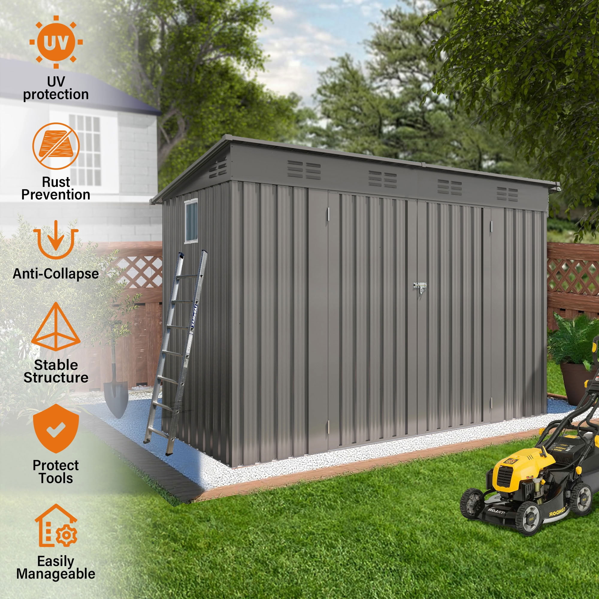 MAYEERTY 4x9 FT Metal Outdoor Storage Shed, Galvanized Steel Garden Shed with 6 Vents & Lockable Doors, for Backyard, Garden, Patio & Lawn