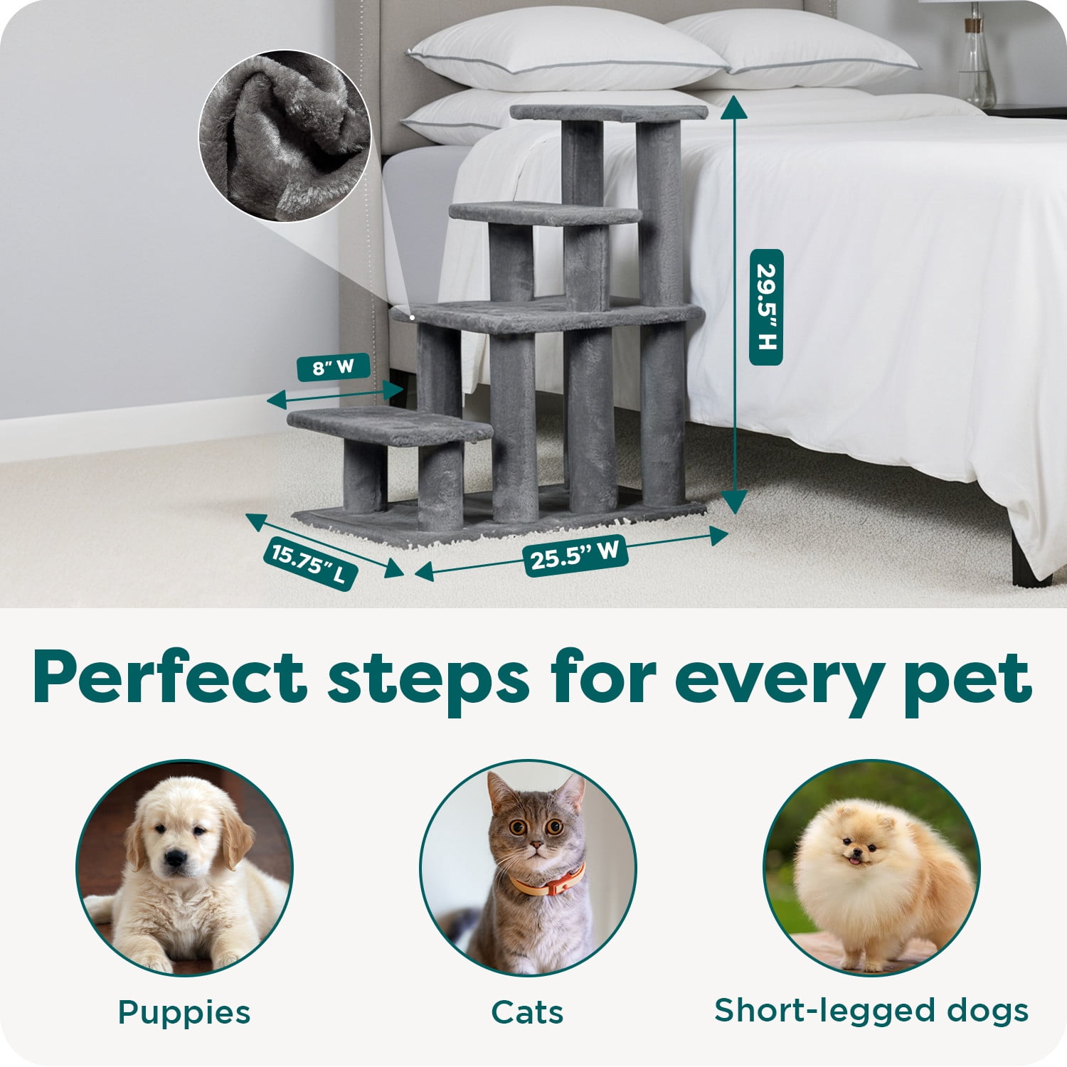 FurHaven Steady Paws Multi-Step Pet Stairs for High Beds & Sofas, Faux Fur Covered Dog Stairs for Small & Large Dogs, 4-Step Design, Plush Faux Fur, Gray