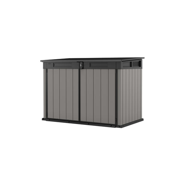 Keter Premier Jumbo Horizontal Durable Resin Outdoor Storage Shed With Heavy Duty Floor and Locking Latch Double Doors, Grey