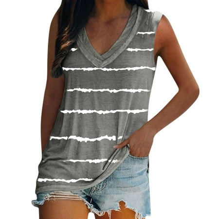 

Cropped Bra Women Casual V Neck Top Shirt Sleeveless Top Stripe Print Vest Pullover Shirt Women Sleeveless