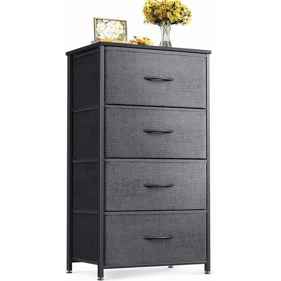 Dresser for Bedroom with 4 Storage Drawers, Small Dresser Chest of Fabric Drawers with Sturdy Steel Frame, Wood Top, Dark Grey