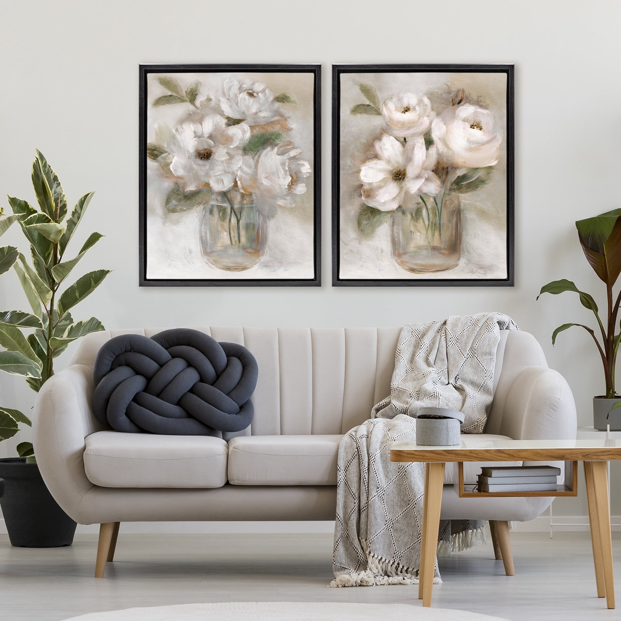 Stupell Industries Brushed White & Beige Roses 2 Piece Black Framed Floater Canvas Set, design by Nan