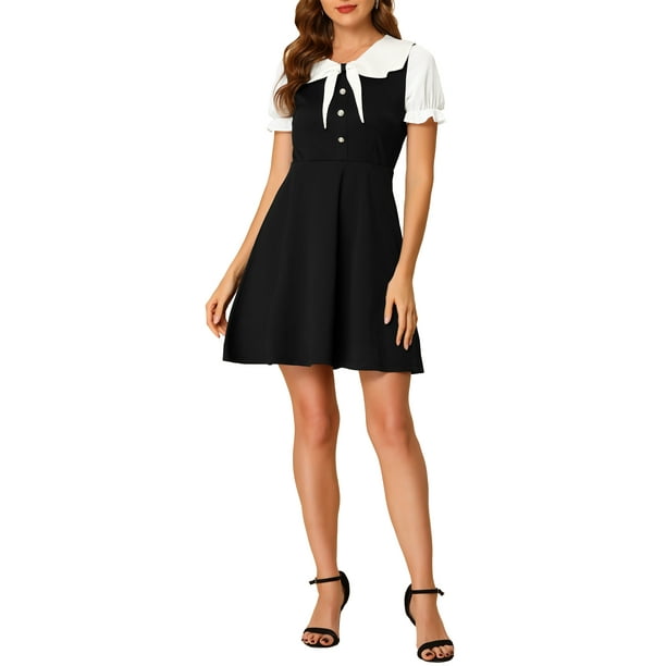 INSPIRE CHIC Vestidos de Mujer con Cuello Peter Pan, Manga Corta, Vestido Mini A-Line XL Negro