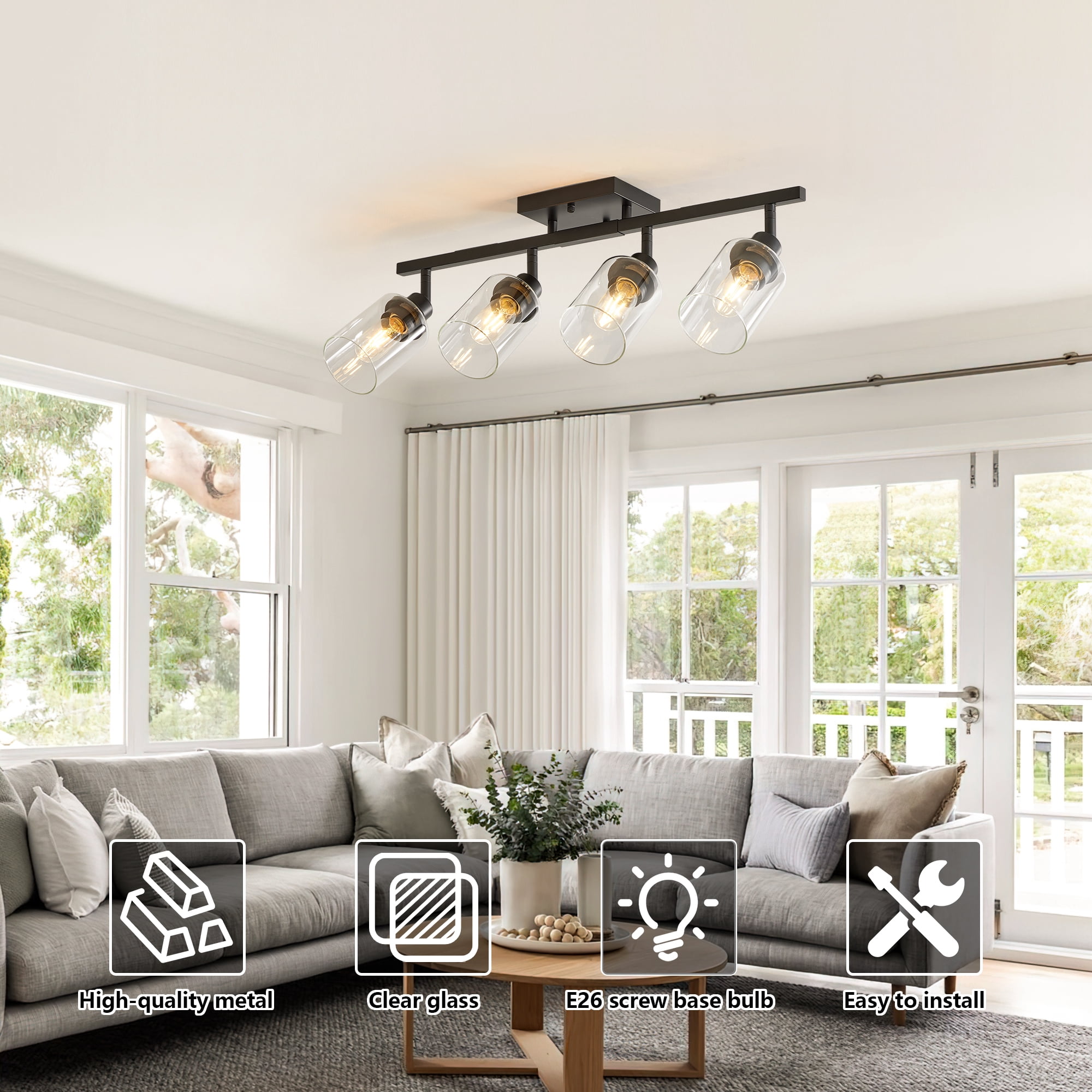 Leumius 4-Light Semi Flush Mount Ceiling Light, Adjustable Kitchen Light Fixtures Ceiling Mount with Clear Glass Shades, Rotatable Black Track Lighting Fixtures for Hallway, Foyer, Bedroom(No Bulbs)