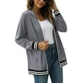 thumbnail image 2 of Seyurigaoka Women Juniors Casual Hooded Sweatshirt, Striped Long Sleeve Cardigan with Pockets, 2 of 5
