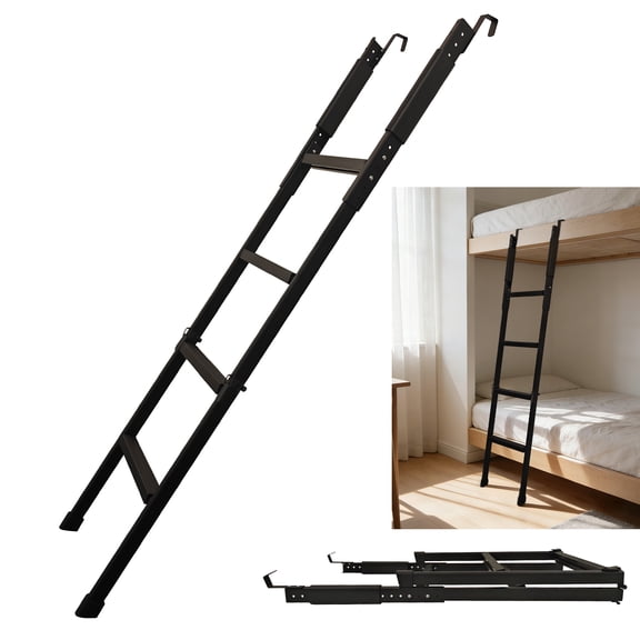 FENHRTVM RV Bunk Ladder Folderable 4 Anti-Slip Rubber Steps, 68.8Inch Adjustable Hooks with Mounting Hardware ,Black