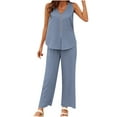thumbnail image 2 of Jerdar Women Casual 2 Piece Short Sets Summer Leisure Suit Solid Sleeveless V Neck Button Top Pants Suit Set Lounge Set Blue XL, 2 of 5
