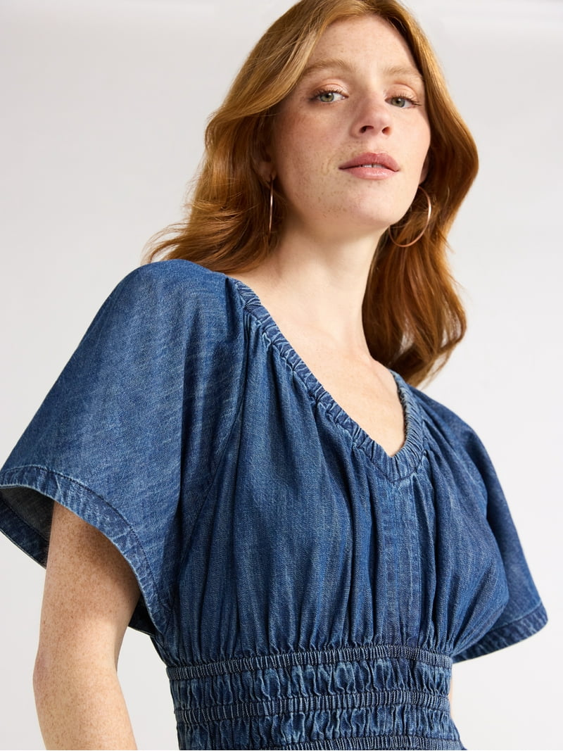 smocked flutter sleeve denim midi dress with washwell Smocked Flutter Sleeve Denim Midi Dress with Washwell