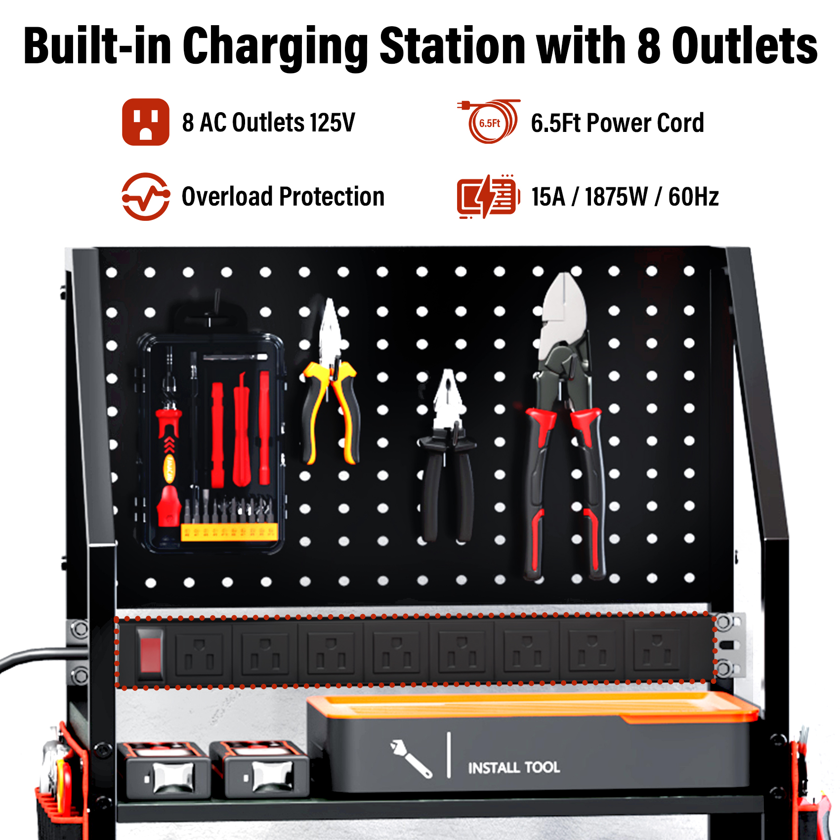 TC-HOMENY Movable Power Tool Organizer Cart w/ 8 Outlets Charging Station, 24 Power Drill Tool Battery Storage Rack for Garage, 3-Tier Tools Organizer with Pegboard, Festive Gifts for Men Dads Father