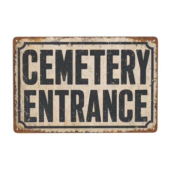 Vintage Cemetery Entrance Metal Wall Sign, Rustic Gothic Graveyard Decor, Distressed Aged Finish, Iron Hanging Sign for Indoor or Outdoor Spaces, 8 x 12 Inch Rectangle with Four Pre-Drilled Holes