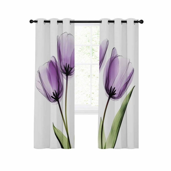 Purple Tulip Blackout Curtains 54 Inches Long for Bedroom, Aesthetic Pastoral Flower Floral Spring Thermal Insulated Room Darkening Black Out Window Curtain Panels Grommet Drapes for Living Room
