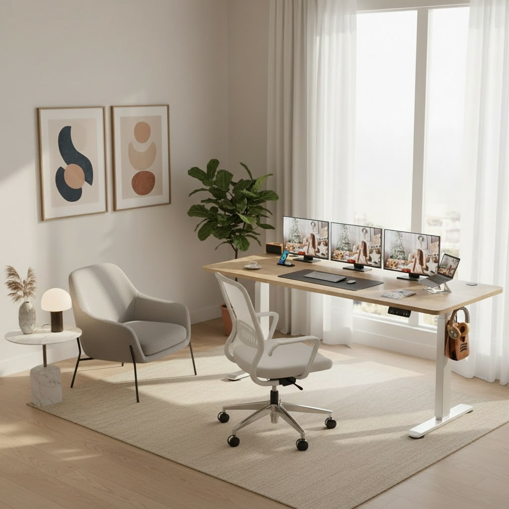 Legooin 70"W Extra Wide Sit-Stand Desk Mobile Gaming Table with USB Port for Home Office, Oak