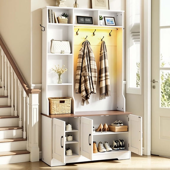 VEVOR Hall Tree with Bench and Shoe Storage, 39" Wide, Entryway Hall Tree with Bench, Hanging Hooks, Storage Shelves, Adjustable Shoe Shelves, LED Light, Wooden, for Mudroom, Entryway, Hallway, White