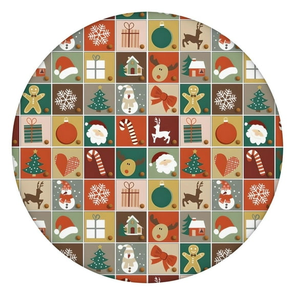 Multicolor Christmas Pattern Round Fitted Tablecloth with Elastic Edge,Dining Table Cover Waterproof,Outdoor Round Tablecloth for Camping,Dining,Indoor and Outdoor