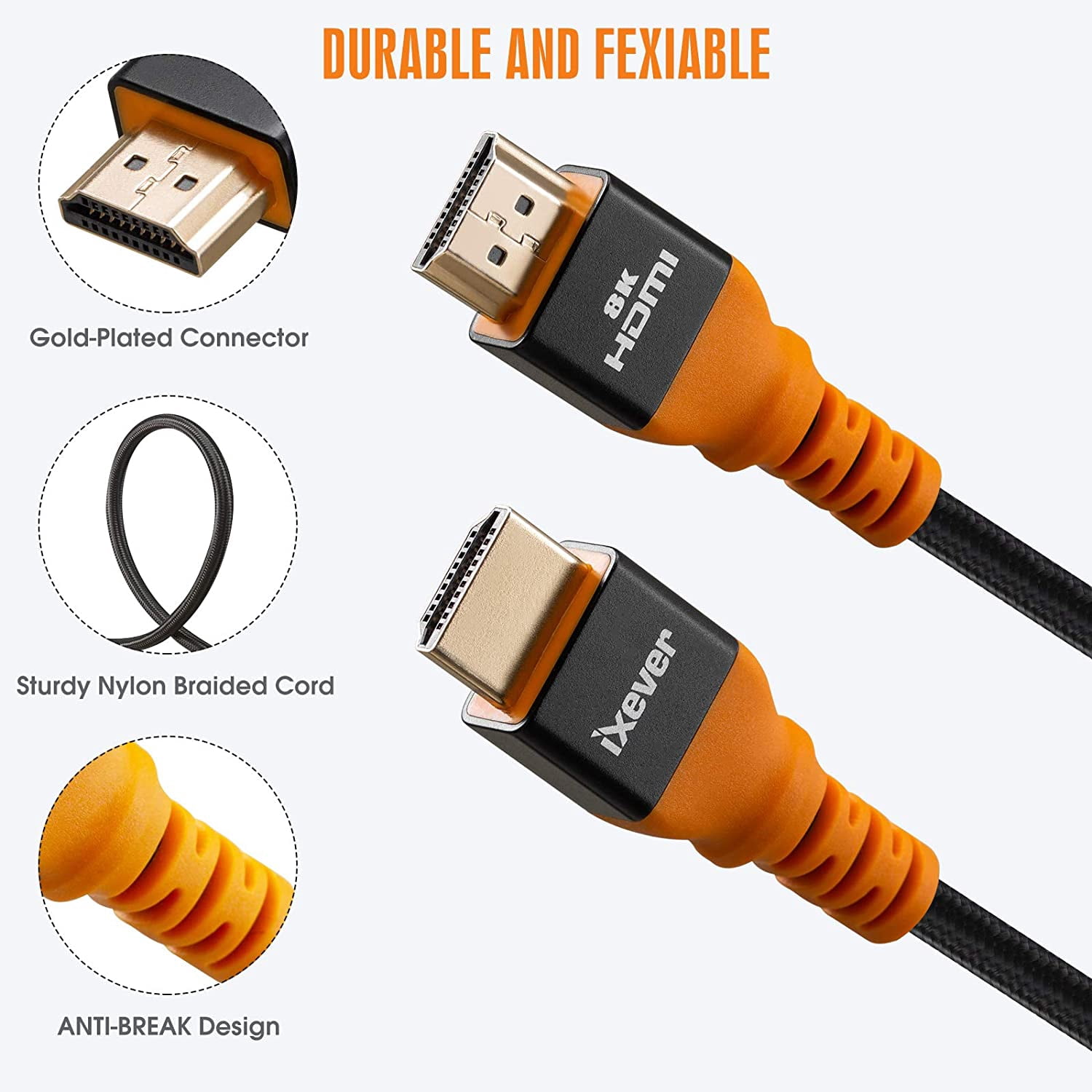 HDMI Cable 8K 16ft Certified, iXever Ultra 48Gbps High Speed 8K@60 4K@120 4K@144Hz Braided HDMI 2.1 Cable Cord Support eARC HDR10 HDCP 2.2&2.3