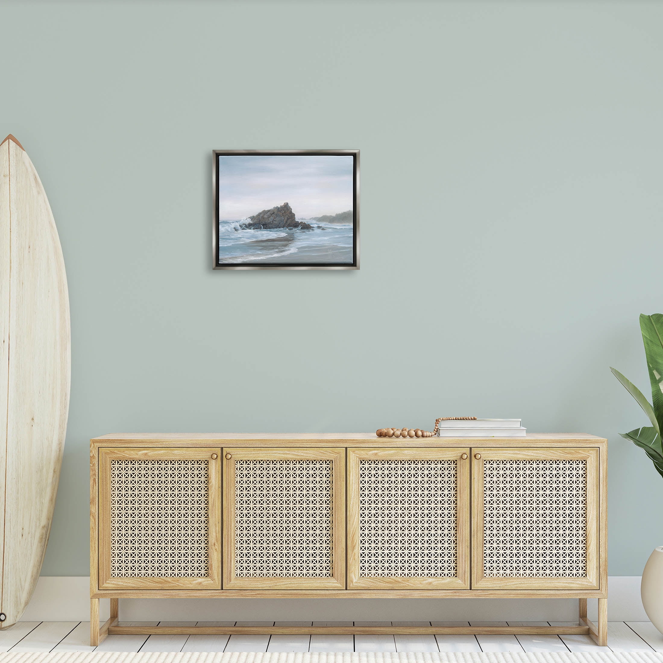 Crashing Waves Rocky Beach Coastal Painting Luster Gray Framed Art Print Wall Art