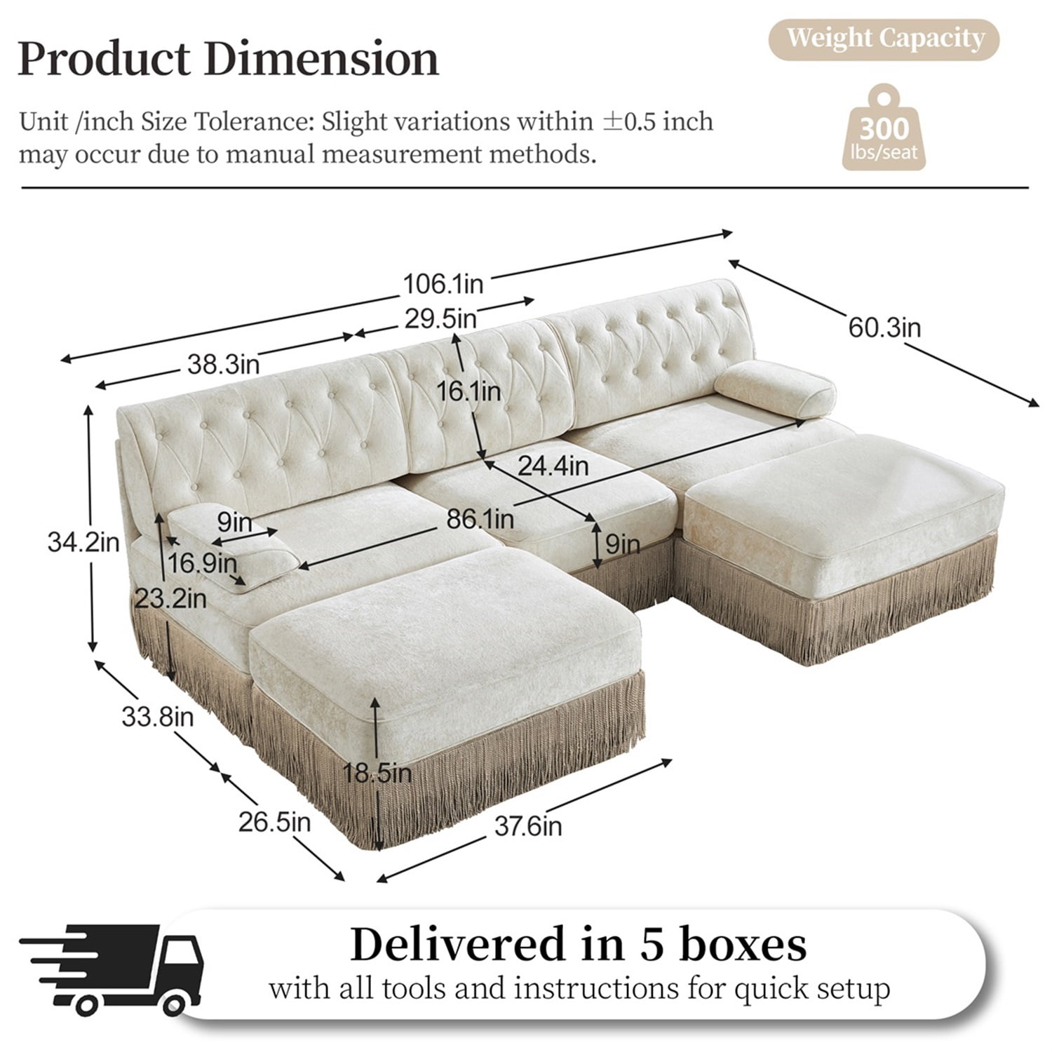 Hommoo 3-Seater Chesterfield Style Velvet Fabric U-Shaped Sectional Sofa with 2 Ottomans, Tufted Button Upholstered Design and Floor-grazing Tassel, Free Combination Sofa Couch Set, for Home, Beige