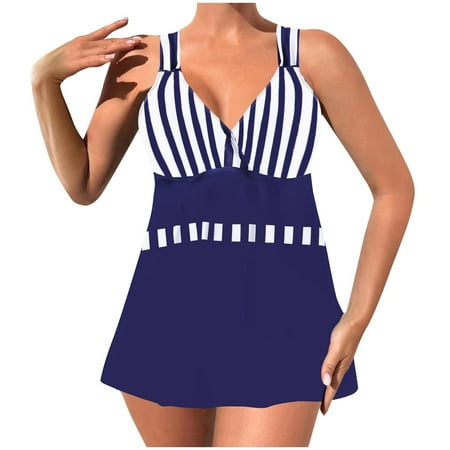 Arnsht Plus Size Swim Dress Tummy Control Swimdress for Women One Piece Swimsuit Built in Shorts Retro Bathing Suit Dark Blue XXXL
