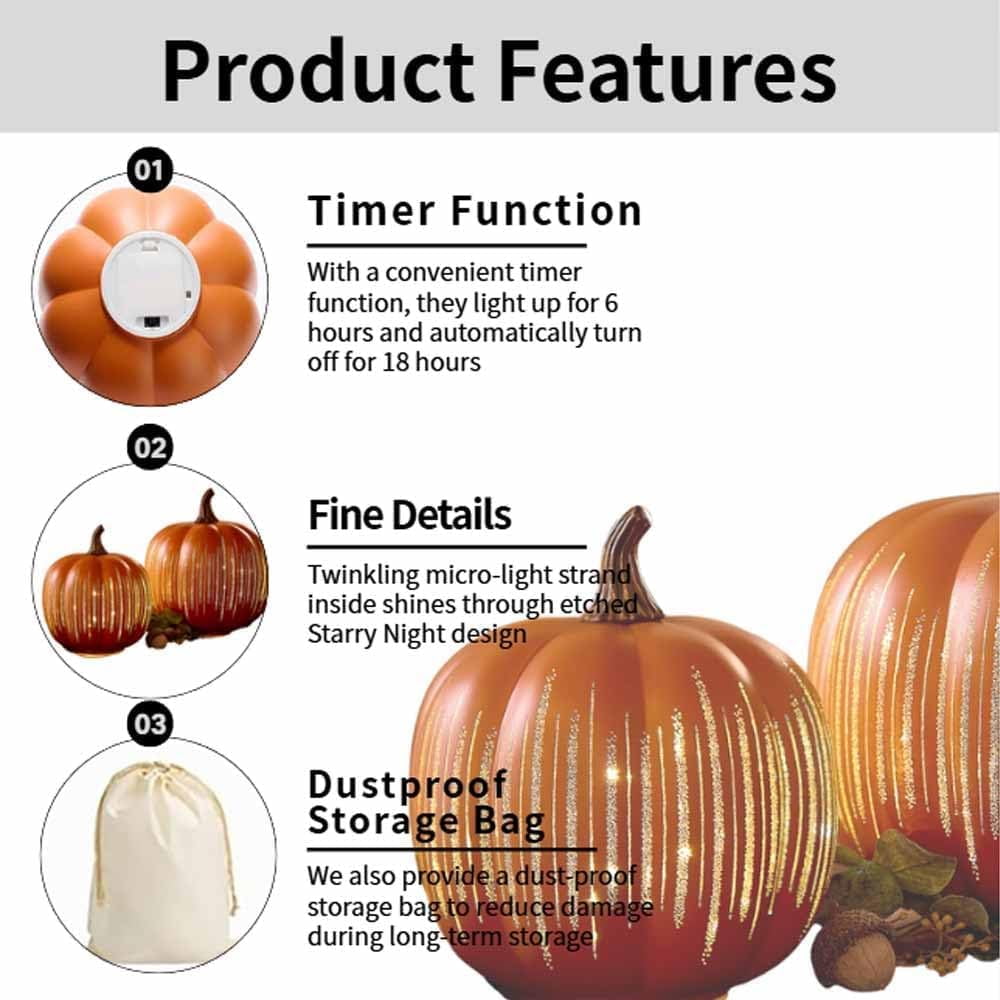 Twinkle Light Pumpkins, Set of 2 Illuminated Starry Night Glass Pumpkins, Halloween Twinkle Light Pumpkins, Twinkle Led Pumpkin Lights with Starry Night Design for Home Bedroom (Orange-7''+9'')