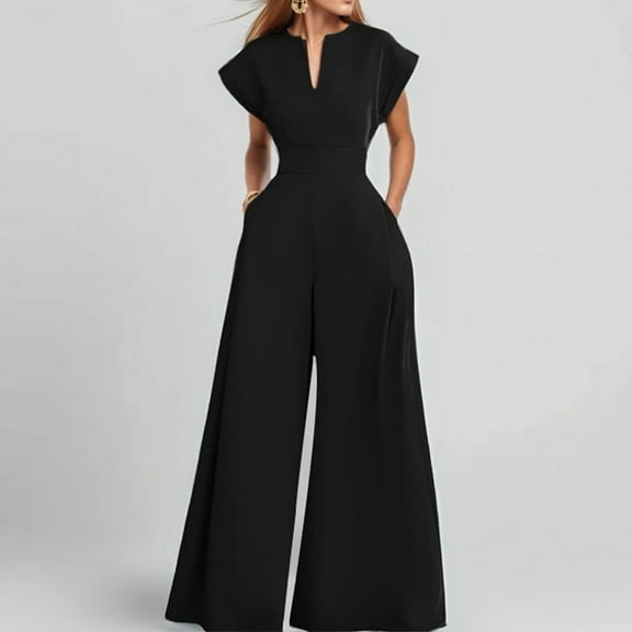 MORTTIC Women's Elegant V-Neck Short Sleeve Jumpsuit Wide-Leg Office & Casual Spring Summer Outfit，Black S