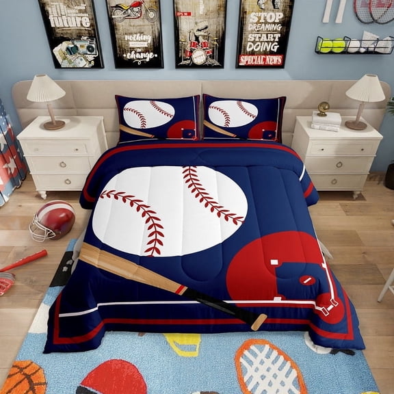 Baseball Bedding Set Twin Size Baseball Comforter Set Teens,Sports Theme Bed Comforter Sets Red Blue Ball Gaming Quilt Bed Set Bedroom Decor with 1 Pillowcase