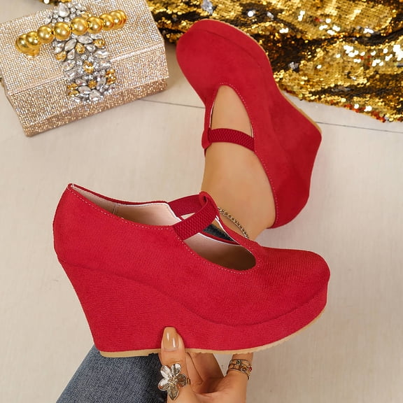 GERsome Closed Toe Wedge Heels for Women Elastic Ankle Strap Slip-On Casual Work Pumps Dress Shoes, Red Size 6.5