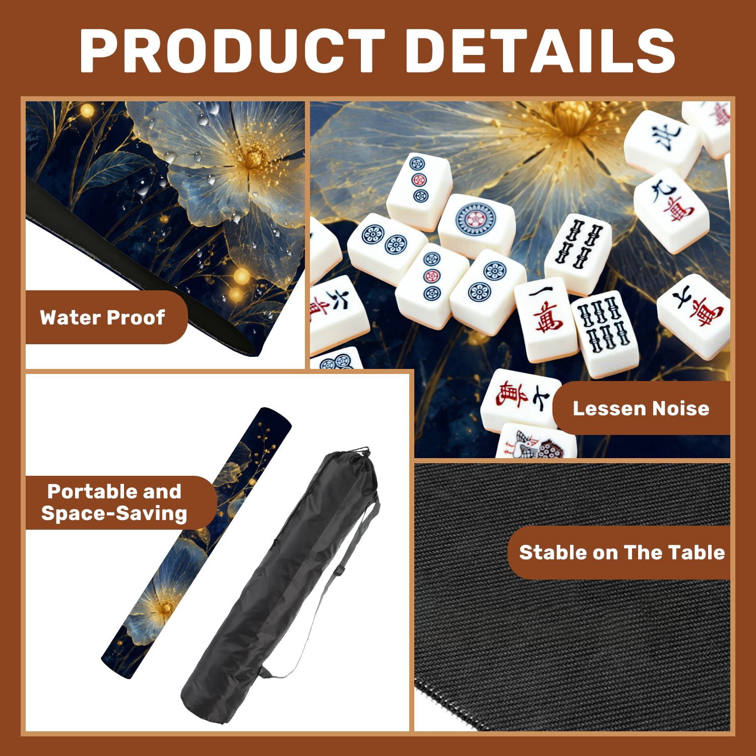 Mahjong Mat 31.5" x 31.5" Elegant Gold Line Floral Deep Blue Non-Slip Noise Reduction American Mahjong Tiles Table Cover for Dominoes Poker Card Board Games Gift