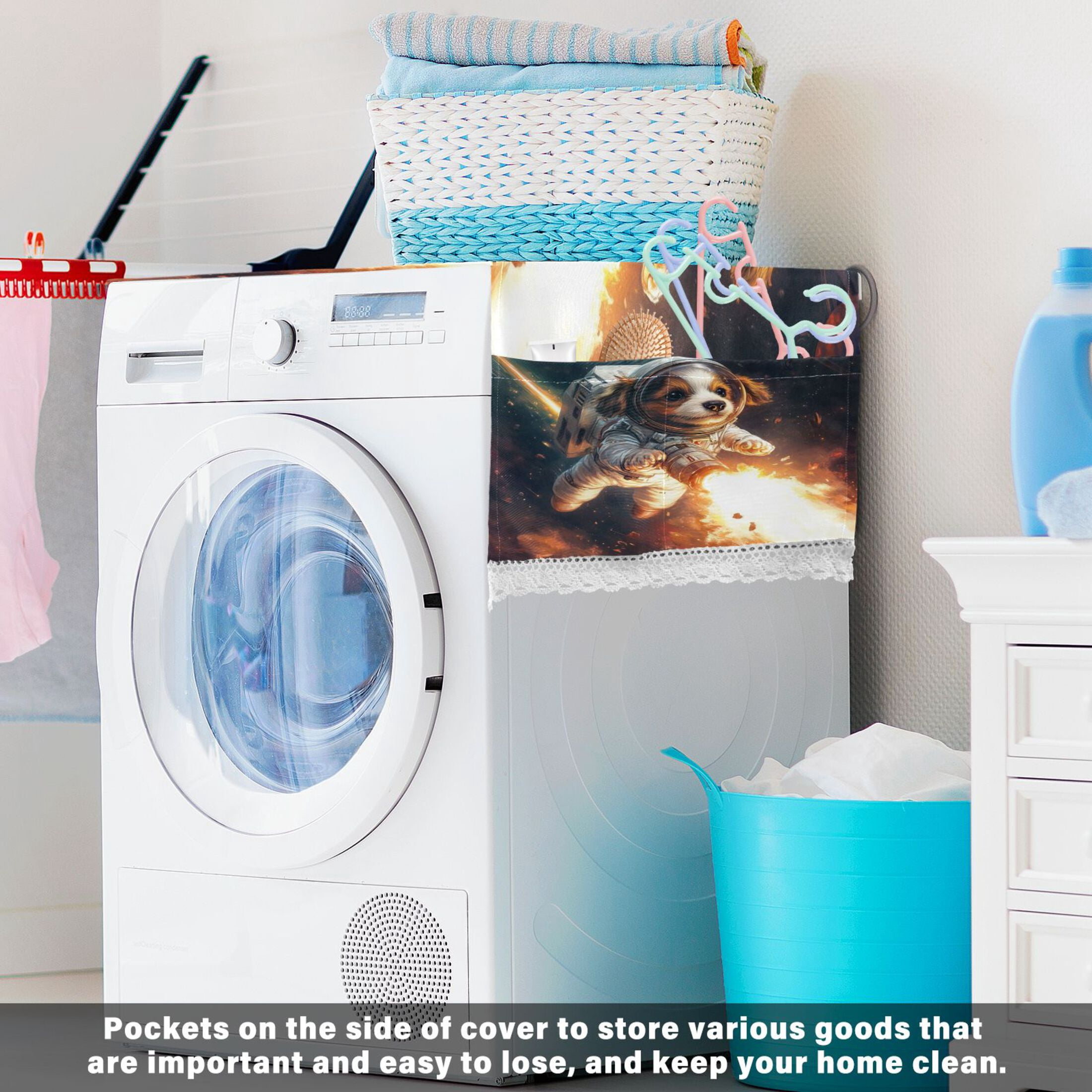 Dogs From Outer SpaceWasher and Dryer Covers Dust-Proof and Oil Resistant Fridge Cover with 4 Storage Pockets Washing Machine Top Cover for Laundry Kitchen Home 51.2 x 22 In