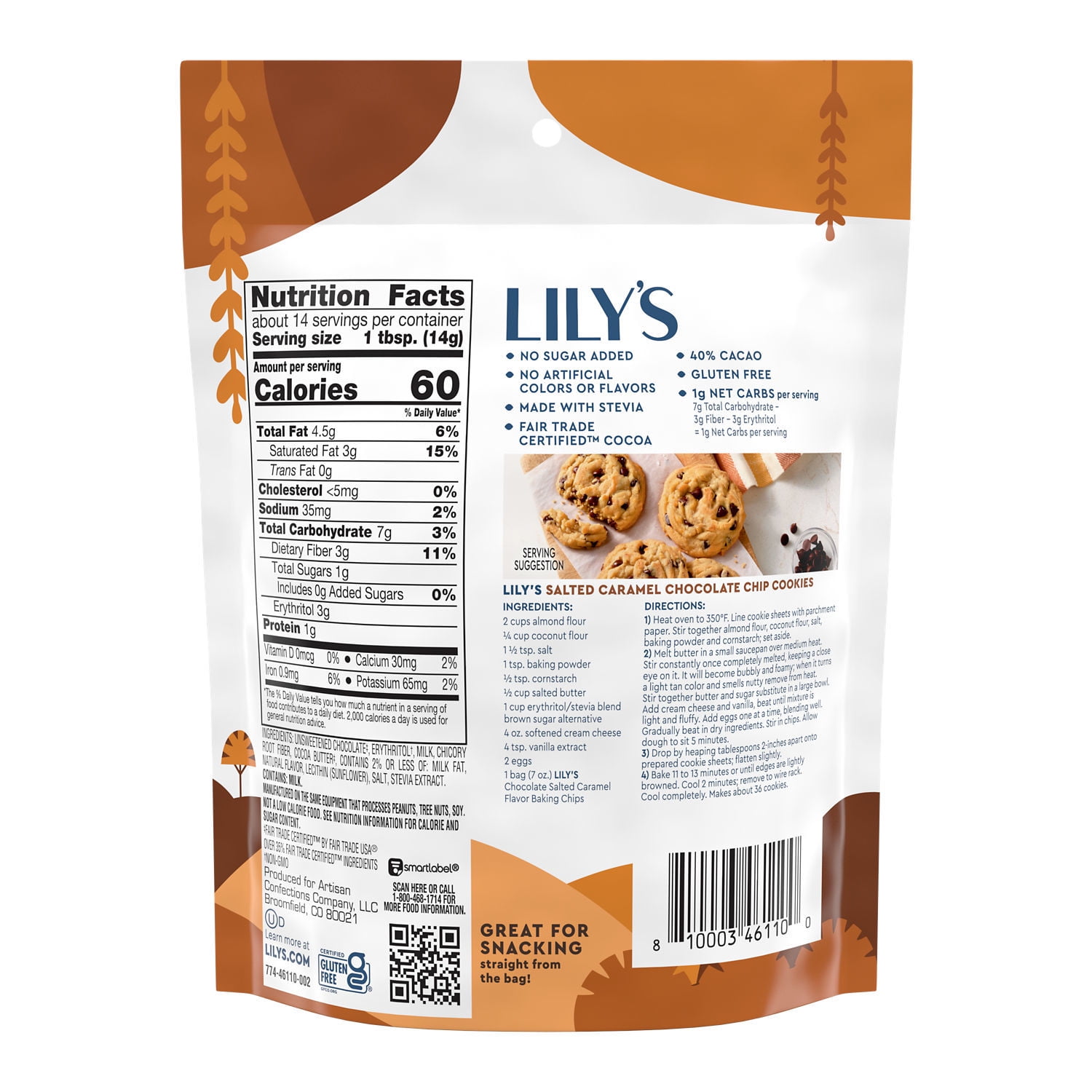 (3 pack) LILY'S Chocolate Salted Caramel Flavored Baking Chips, No Sugar Added, Gluten Free, 7 oz